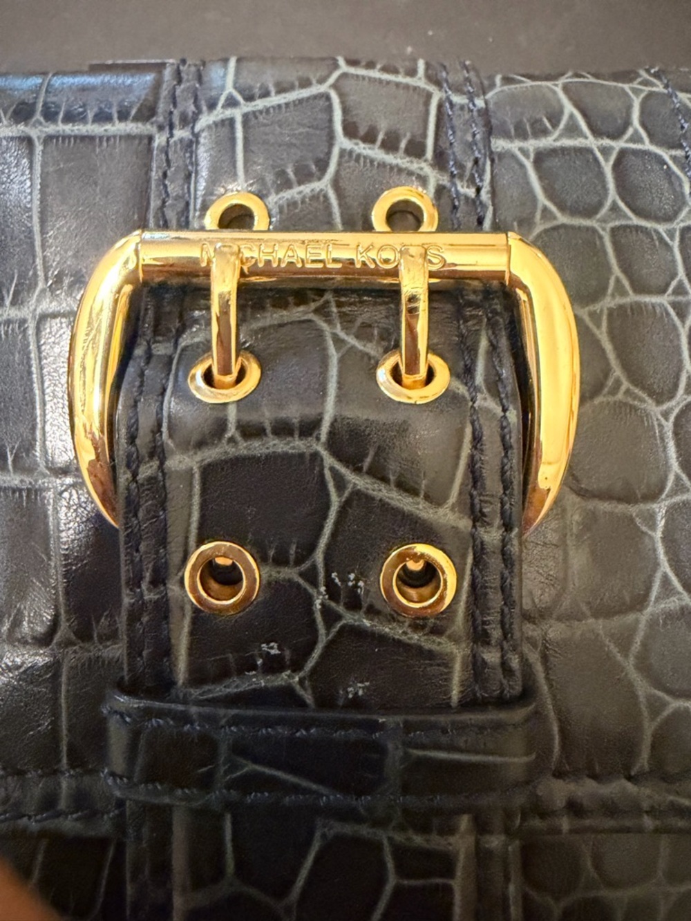 Michael Kors Black Croc-Embossed Leather Shoulder Bag with Gold Buckle